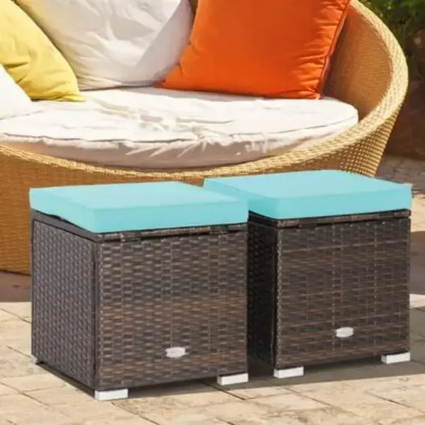 2-Piece Outdoor Rattan Ottoman Set with Cushions