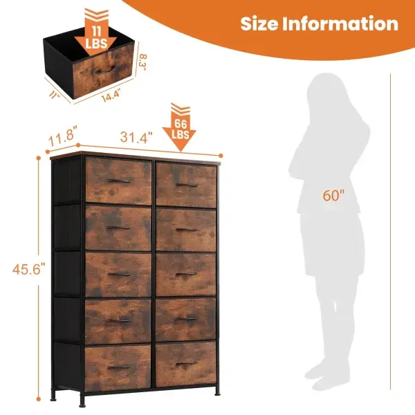 JHK 10-Drawer Fabric Storage Dresser