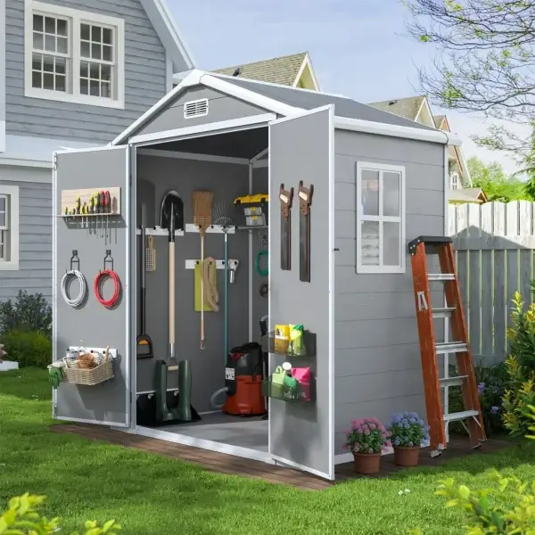 Outdoor Storage Resin Shed, Outdoor Shed with Floor, Gray | Plastic Shed with Lockable Doors & Slooping Roof, Window Garden Tool Shed for Backyard, Patio, Poolside